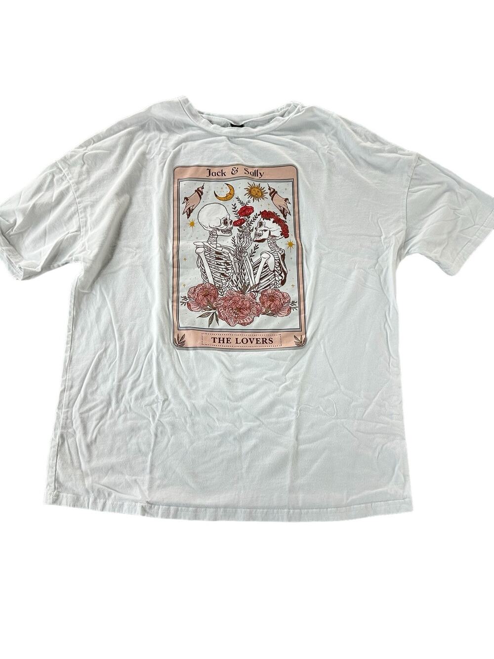 Shein White Graphic Tarot Card Jack Sully Lovers T-Shirt Women's Size Medium/6
